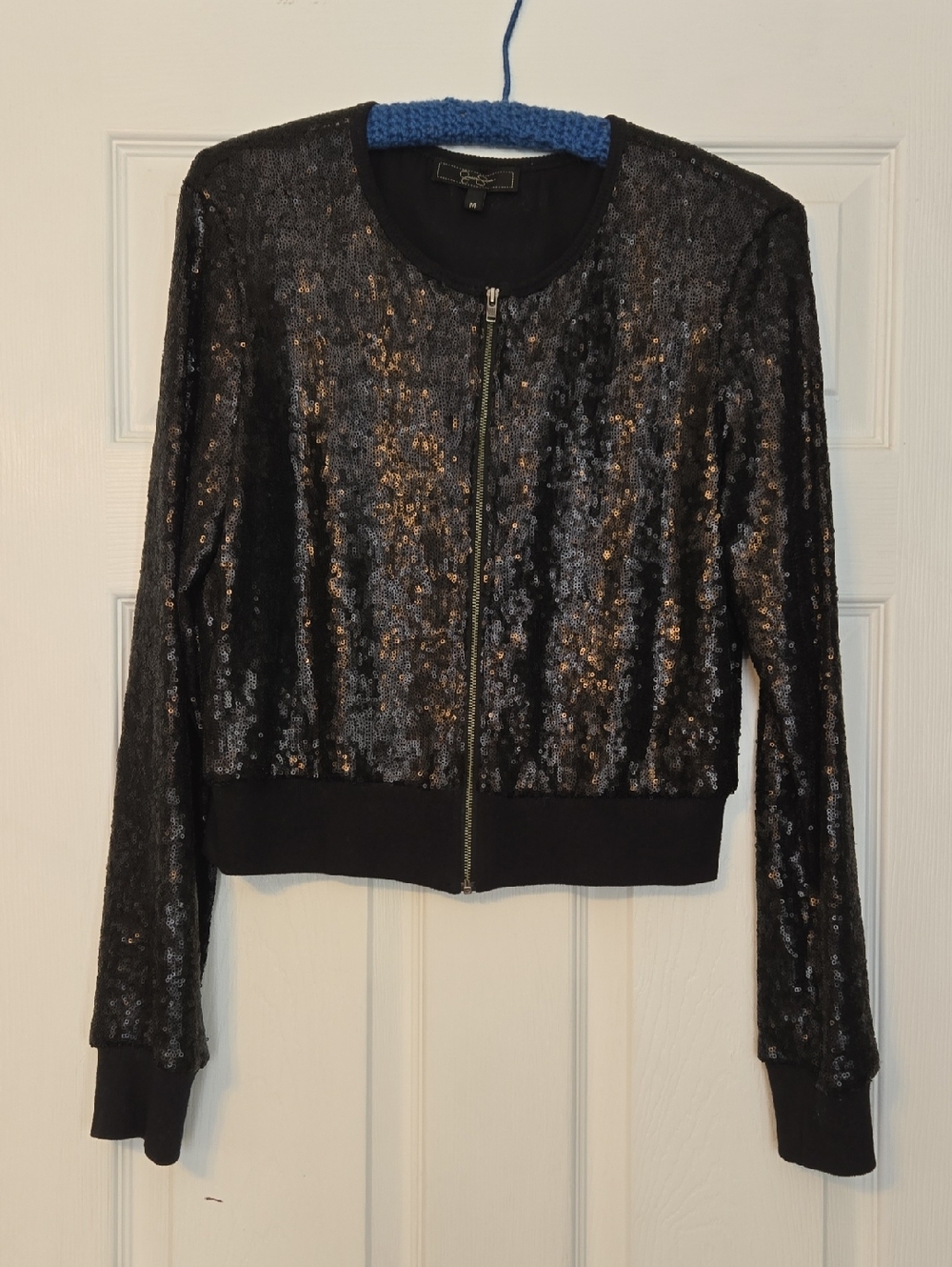 Jessica Simpson Black Sequin Zip Bomber Jacket